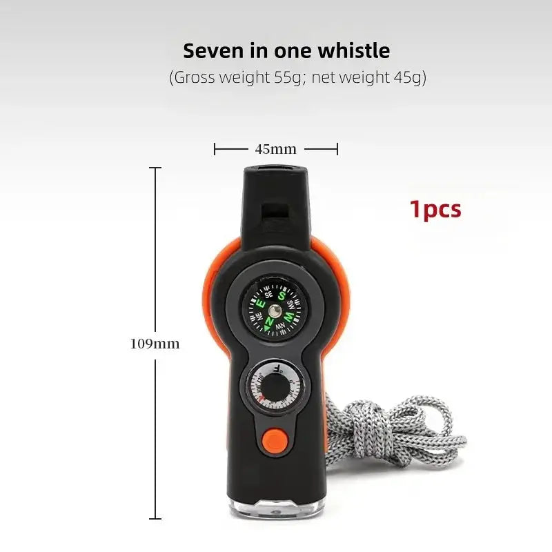 Simples Market seven-in-one outdoor survival whistle with compass and dial, black and orange plastic with rope lanyard