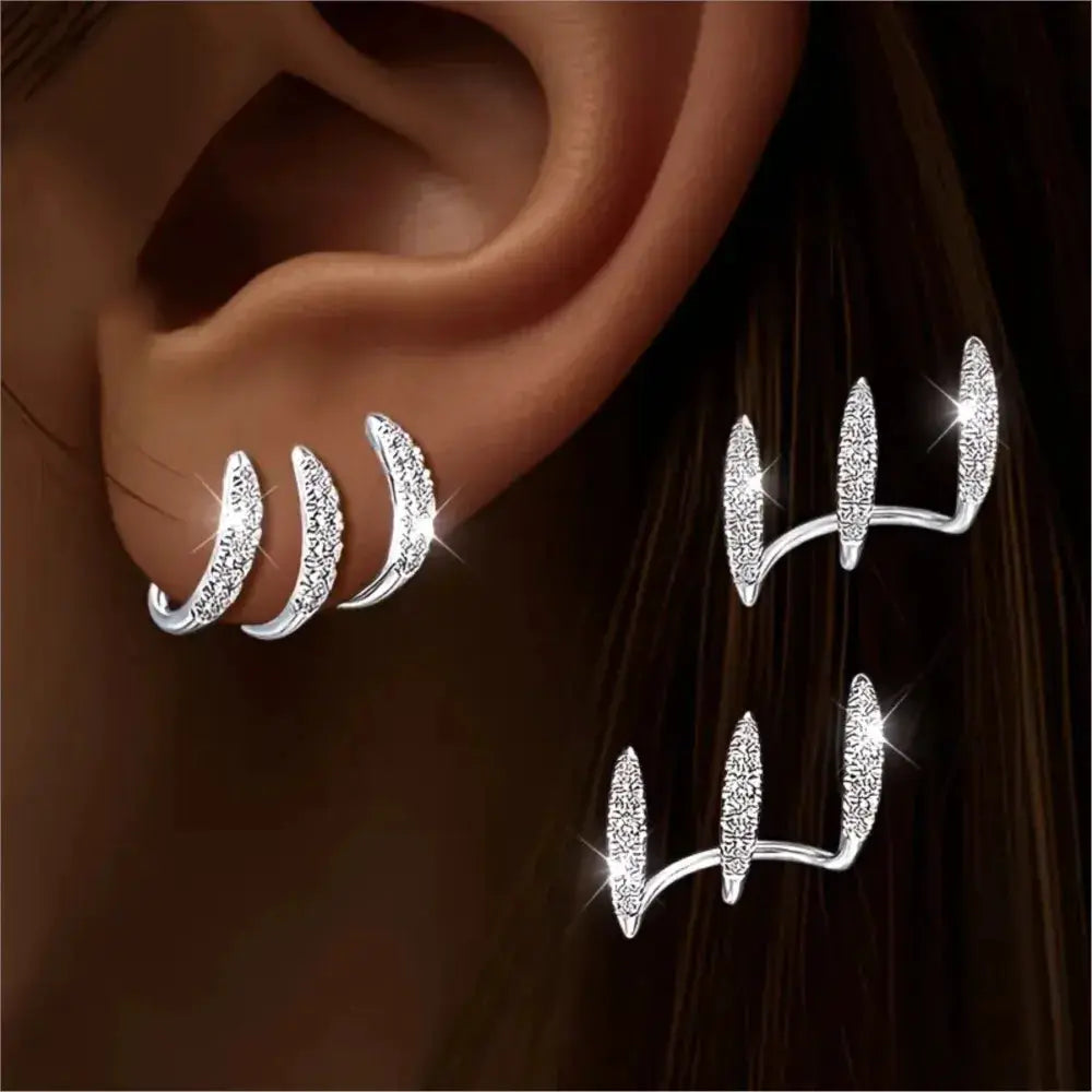 2pc rhinestone three-claw earrings set by Simples Market, silver-tone for women