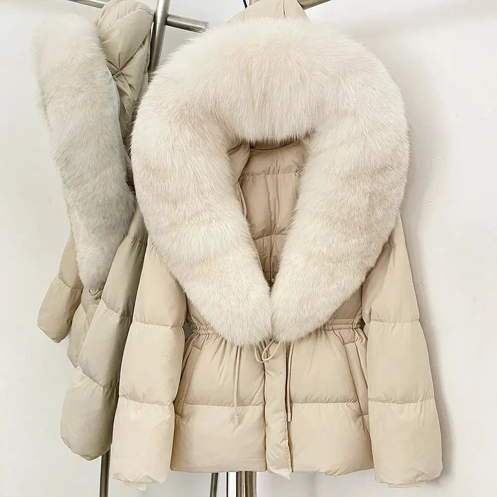 Womens Real Fox Fur Collar Duck Down Coat With Raccoon Fur Trim Hooded Puffer Jacket
