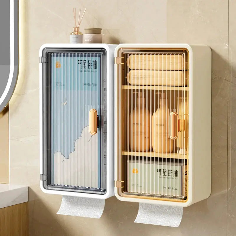 Bathroom wall-mounted dual-door storage racks with Simples Market toiletries organizer, blue and gold-tinted doors