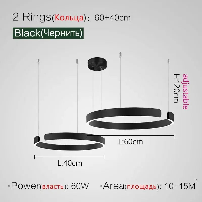 Two-ring black Nordic LED pendant lamps with adjustable height, 60 cm and 40 cm lengths.