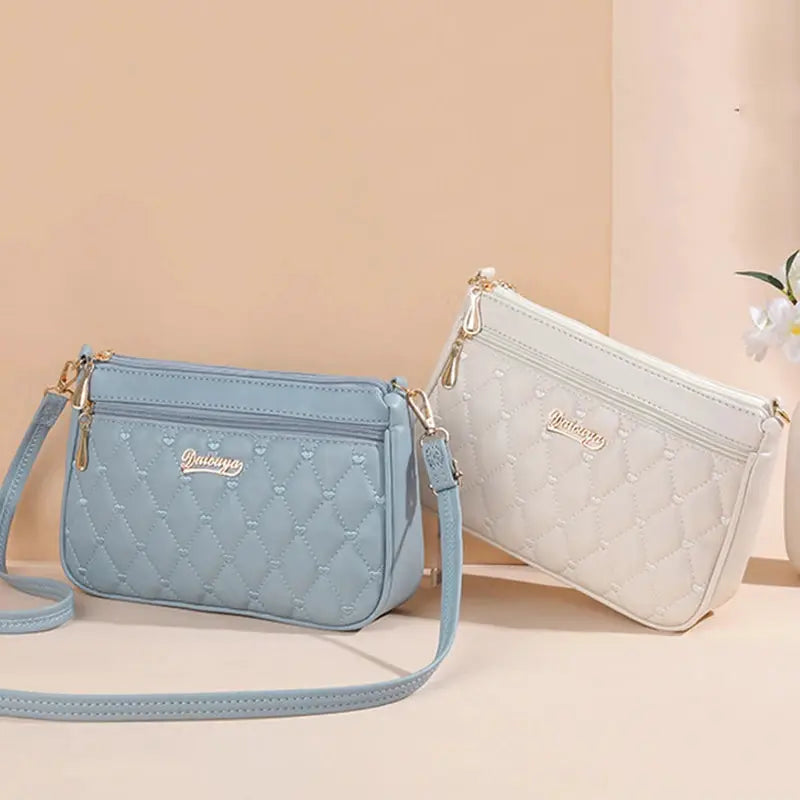 PU leather crossbody bags, set of 2 blue and ivory quilted purses with gold zippers by Simples Market