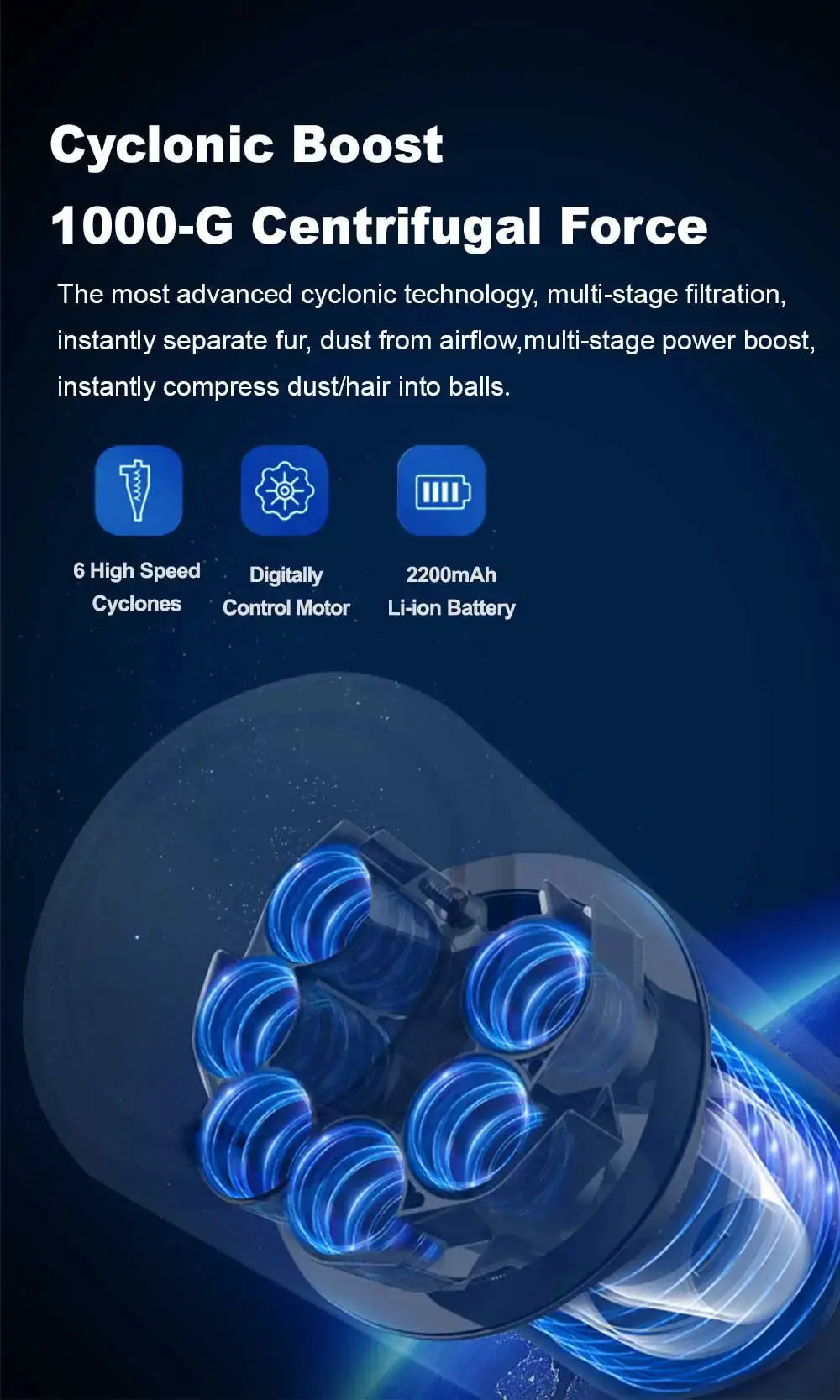 ABIR VC205 cordless handheld vacuum cleaner, blue, with 6 high-speed cyclones and 2200mAh Li-ion battery.