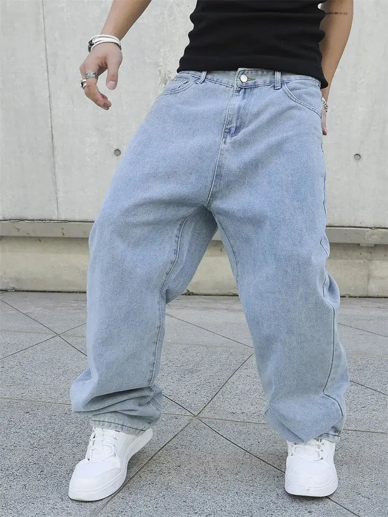 Men's baggy light blue denim jeans by Simples Market, oversized straight-leg streetwear pants