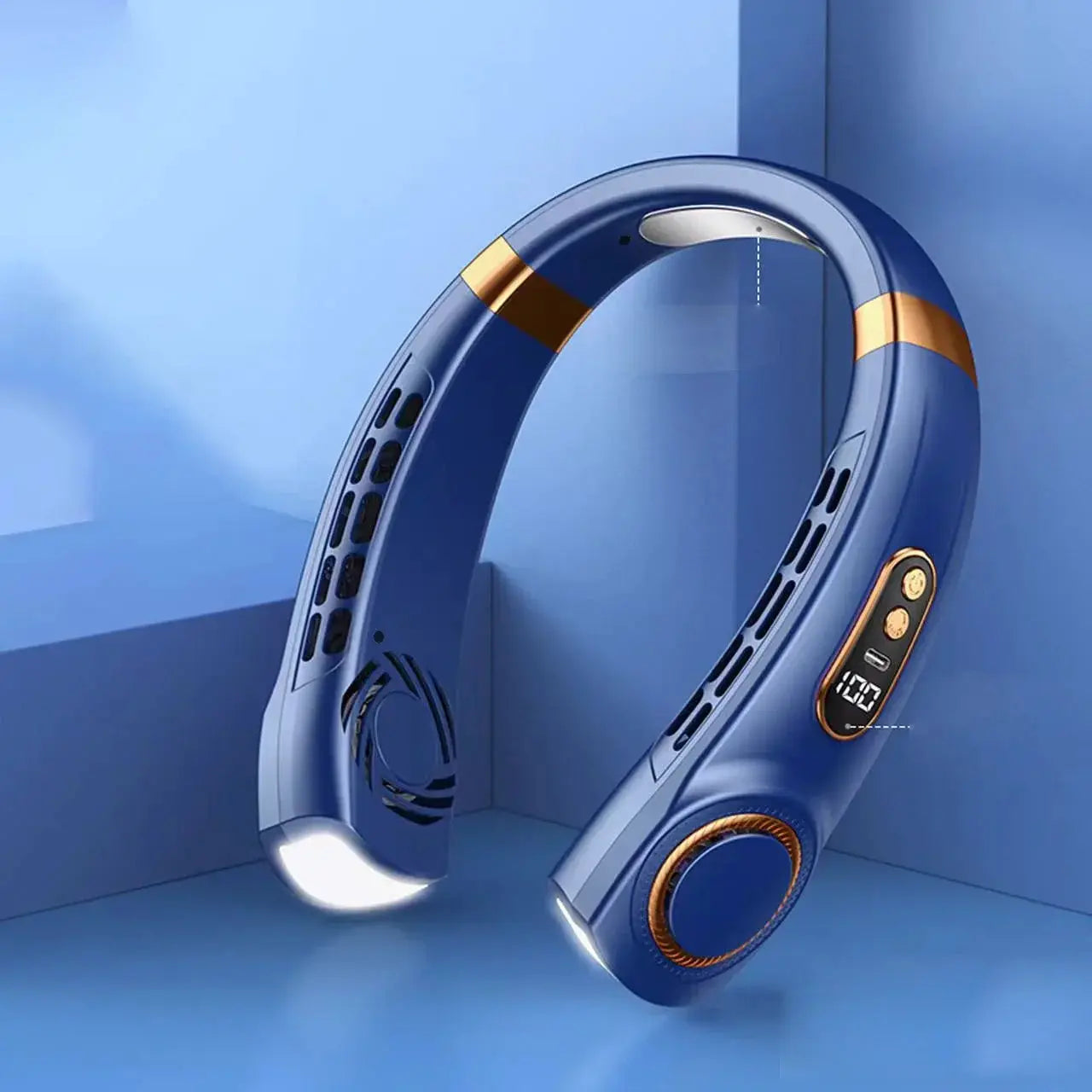 JKUOO portable neck fan by Simples Market, blue bladeless personal fan with LED display and 4000mAh USB battery