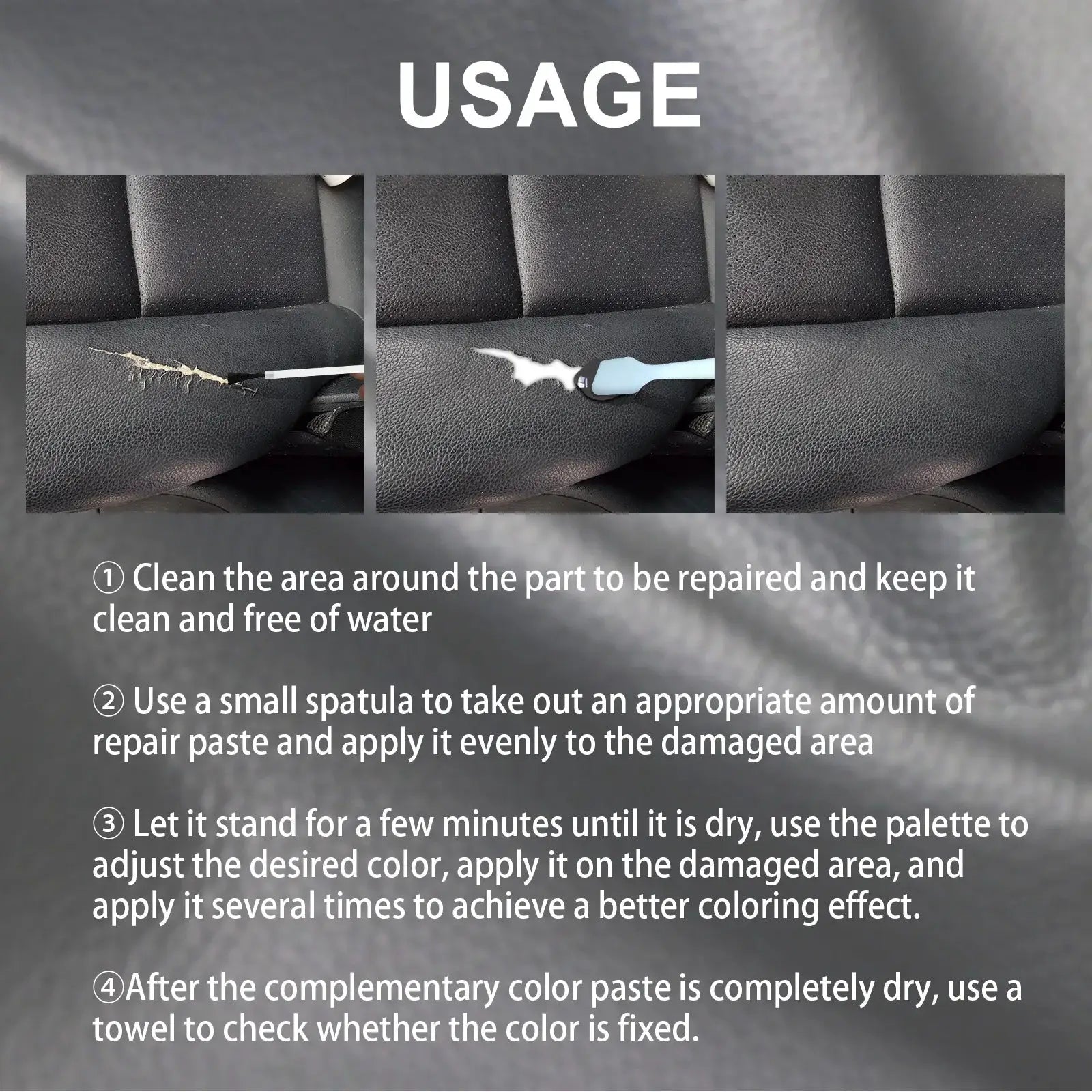 Car leather repair paste by Simples Market, 20ml, for black leather car seats; three-panel usage demonstration.