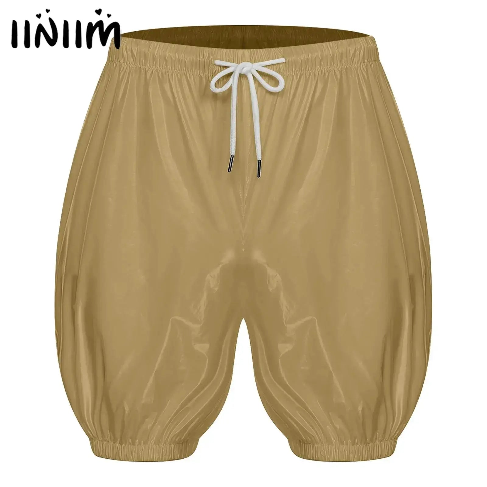 Adult waterproof reusable diaper cover shorts in tan with white drawstring, leak-proof incontinence shorts