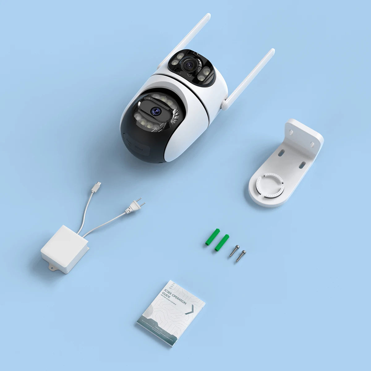 Simples Market 8MP 4K WIFI PTZ security camera, white with dual lenses; includes mounting bracket and screws