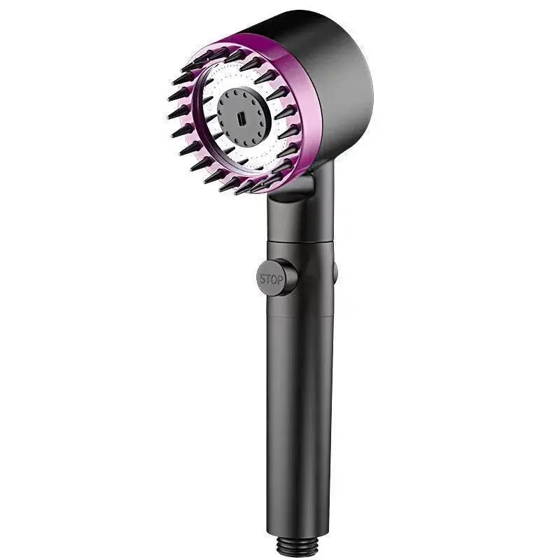 Portable shower head with purple ring, black handle, and three spray modes.