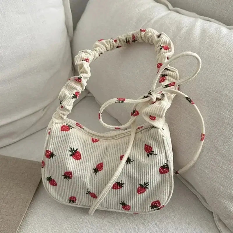Women’s corduroy underarm bag with strawberry print cream color mini purse