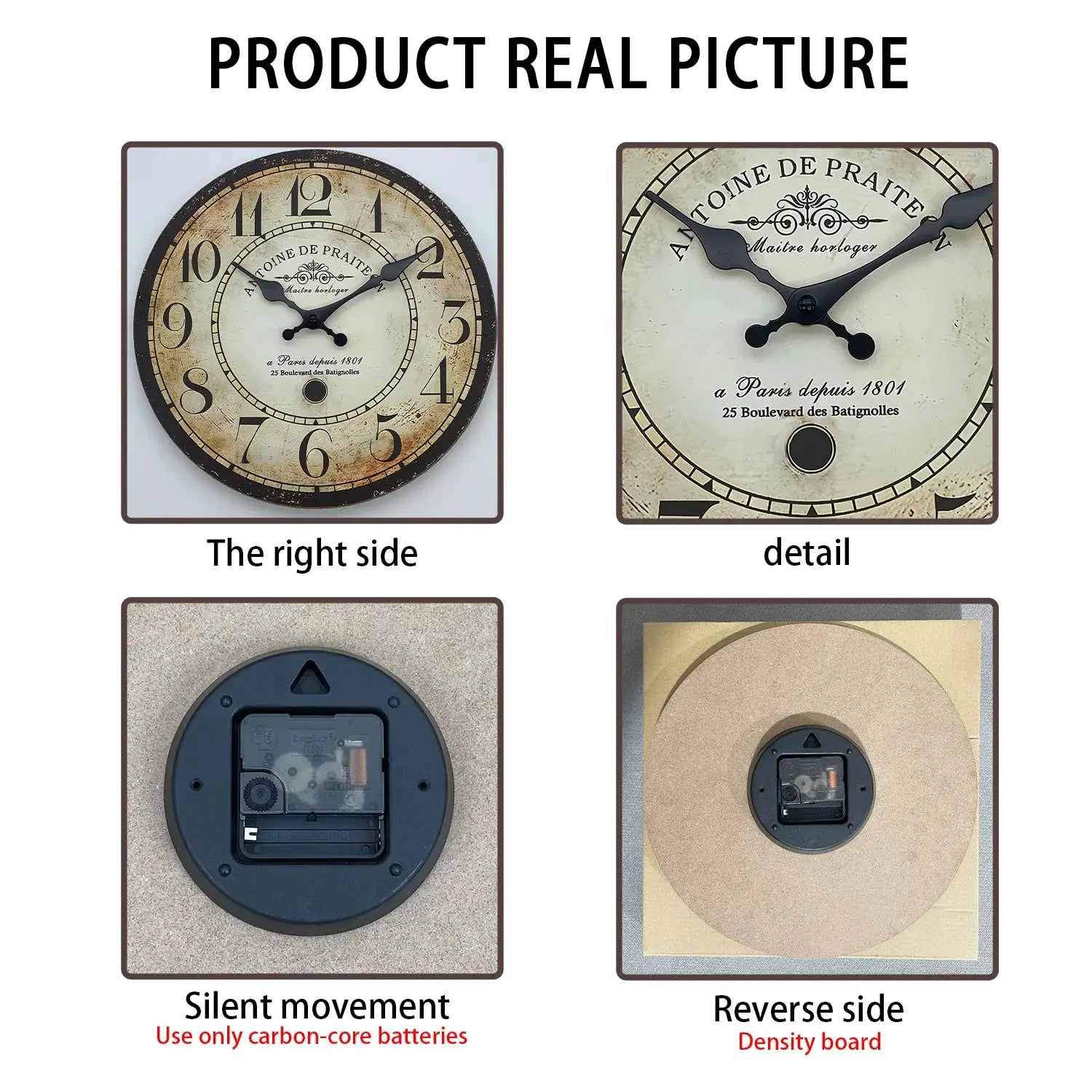 Antique-style wooden wall clock with parchment dial and black hands, 10–16 inch sizes