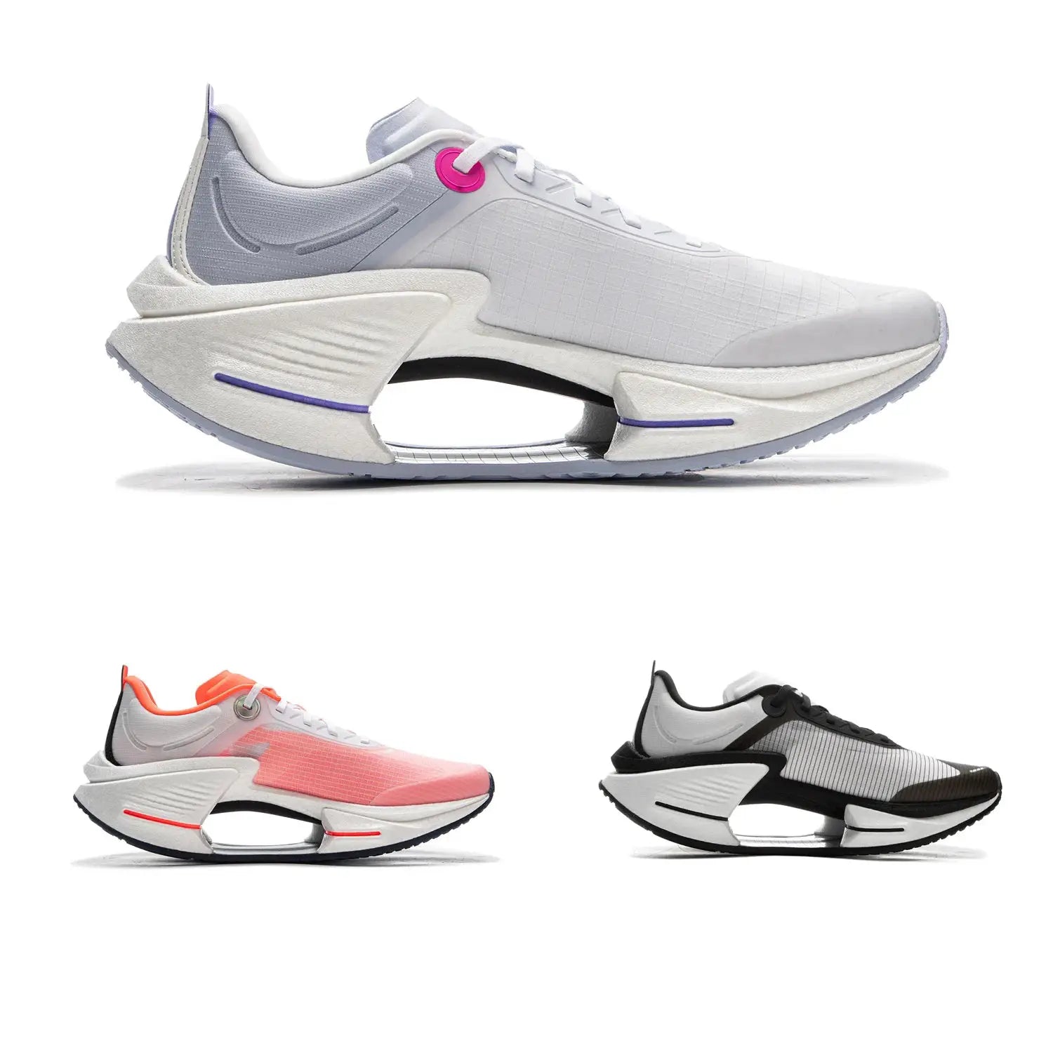 Li-Ning Shadow 3 Essential men's running shoes, white/gray with pink eyelet and purple accents — 3 colorways shown