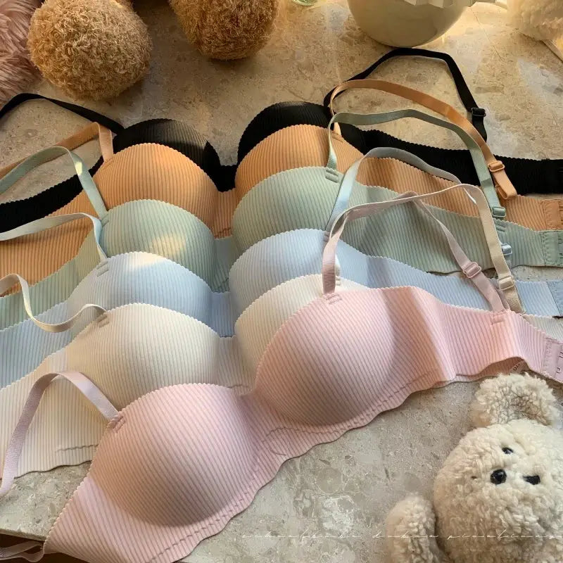 Pastel ribbed seamless bralettes set; non-wire half-cup, 6-pack in pink, peach, mint, light blue (S-XL).