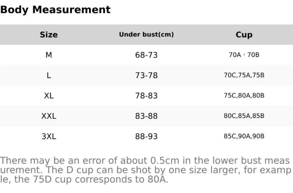Simples Market lace seamless bra size chart with under-bust measurements and cup ranges (M–3XL)
