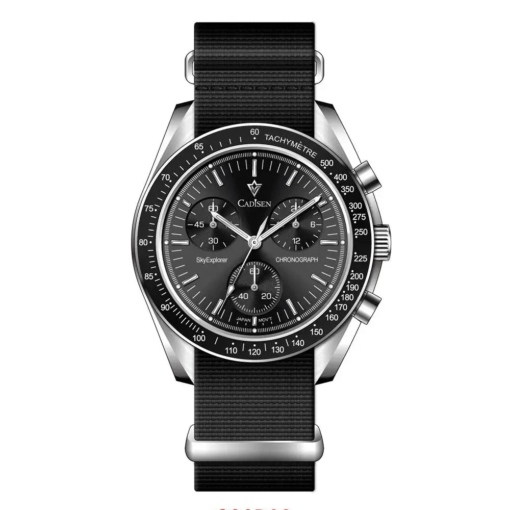 CADISEN men's chronograph watch with black dial, AR-coated sapphire crystal, canvas strap