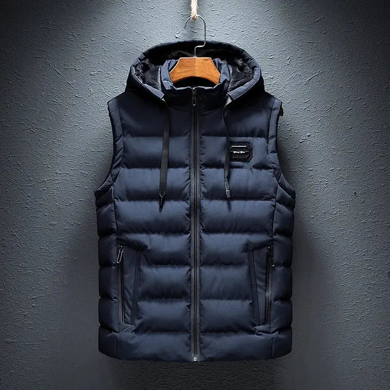 Simples Market men's sleeveless padded hooded vest, navy quilted cotton-padded with front zipper, plus size 6XL