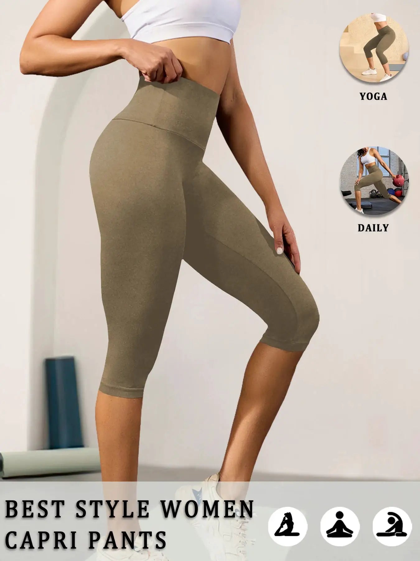 Women's high-waisted olive capri pants for yoga, running and workouts.