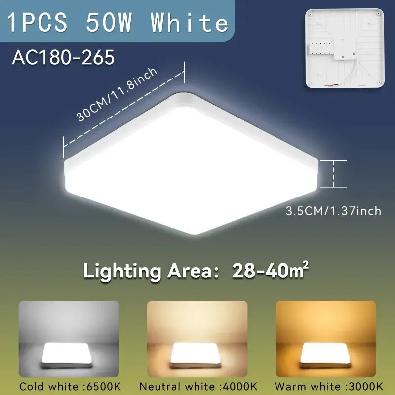 Simples Market modern square LED ceiling light, 50W, 110-265V, white panel, 30cm square with 3.5cm height