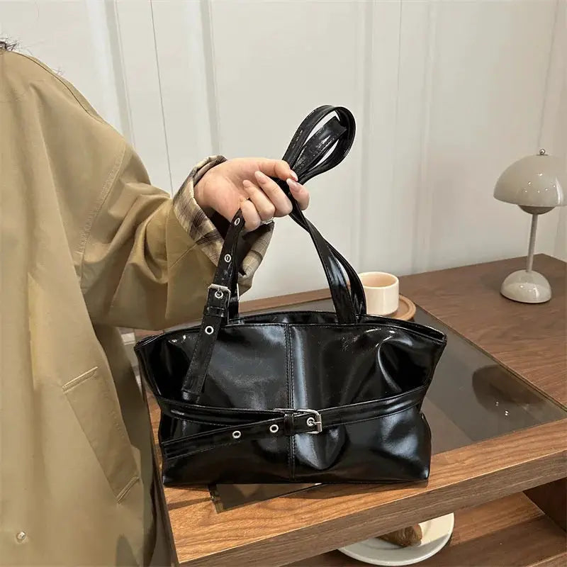 Leather handbag by Simples Market, black soft leather with belt-buckle strap, Korean-style shoulder bag