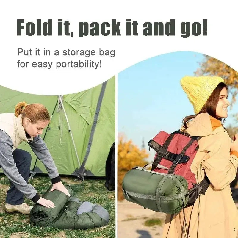 Simples Market camping sleeping bag, lightweight 4-season mummy style in green, rolled up for packing on a backpack.