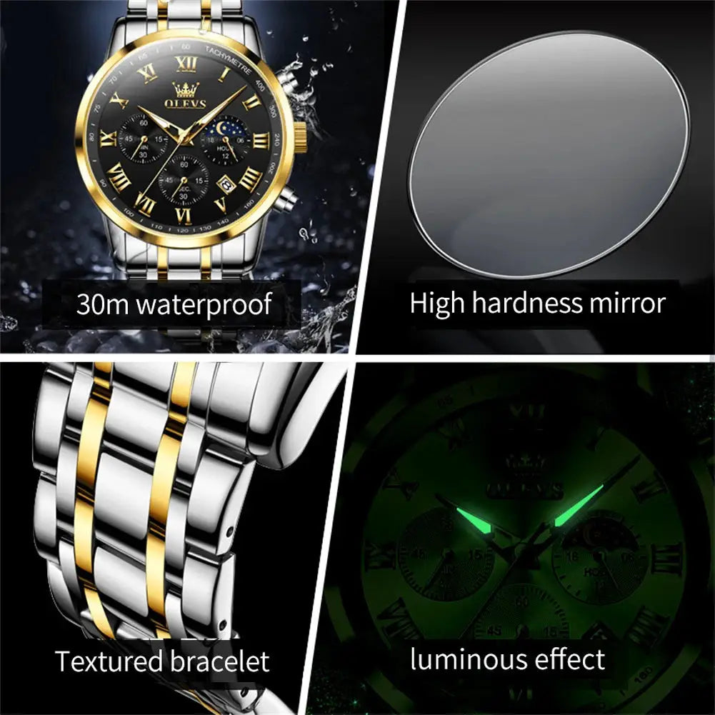 OLEVS 5529 men's luxury stainless steel watch with a two-tone bracelet, 30m waterproof, luminous hands