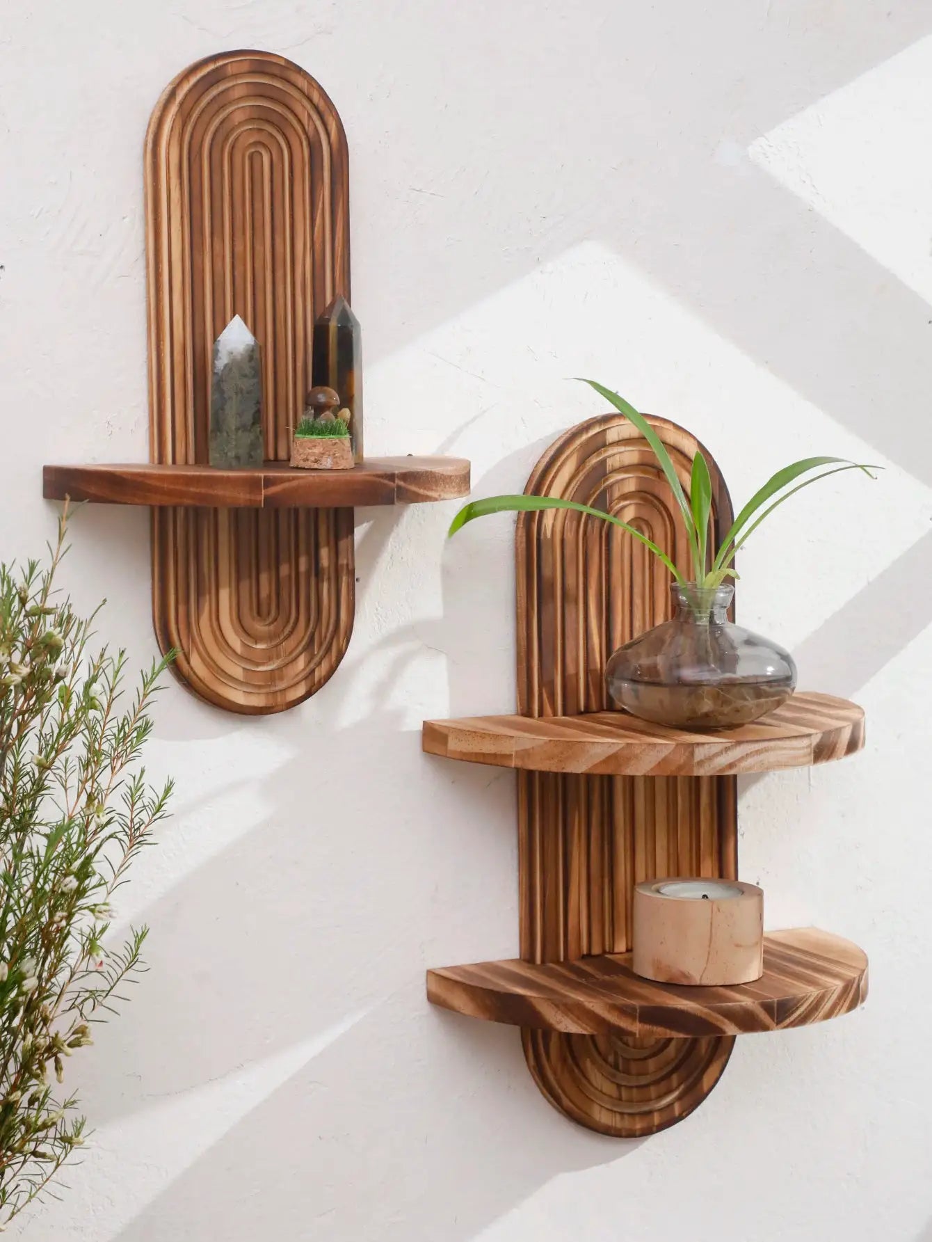Boho-style geometric wooden wall shelves with natural finish; two-piece set by Simples Market