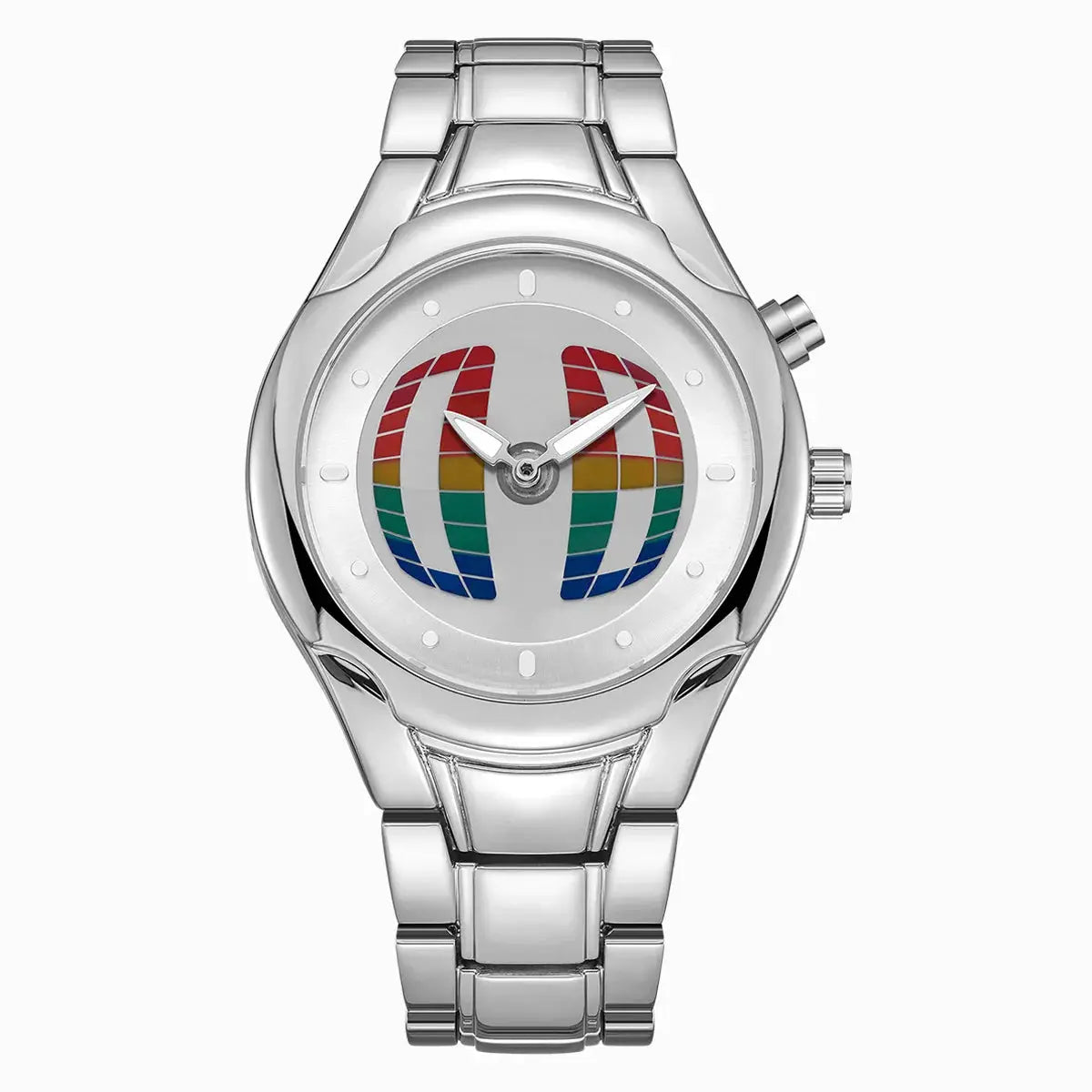 Stainless steel men's analog wristwatch with rainbow segmented dial