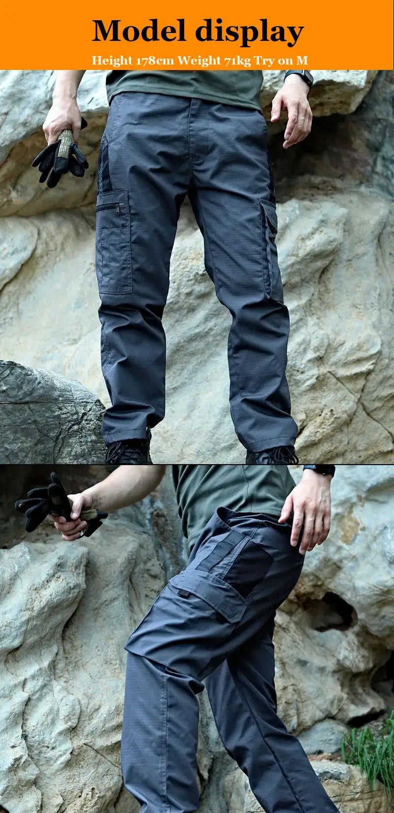 Tactical work pants for men by Simples Market, dark gray cargo with multiple pockets, waterproof.