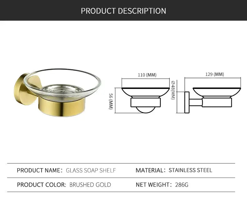 Glass soap shelf with brushed gold wall-mount bracket and glass dish