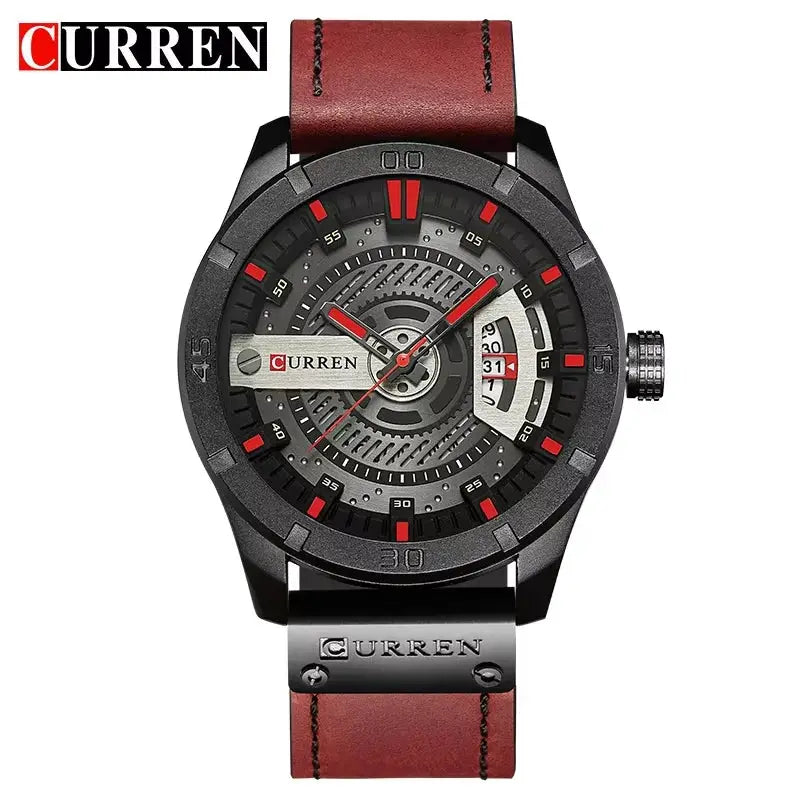 Curren men's luxury sport watch with skeleton dial, date display, black case, red accents, and brown leather strap.