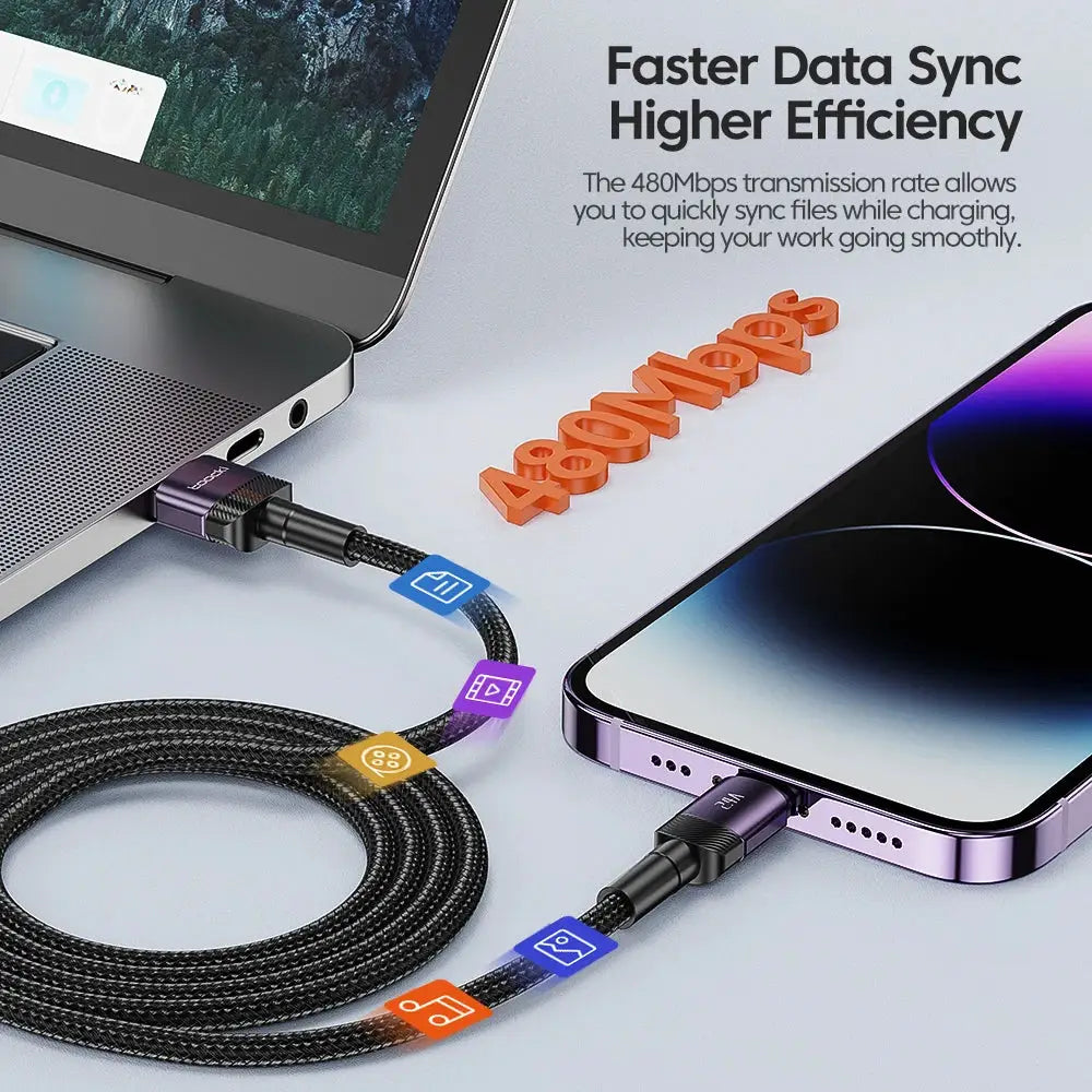 Toocki USB Cable for iPhone data & fast charging; black braided aluminum connector