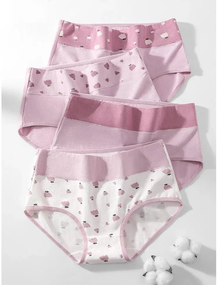 4-pack cotton women’s panties in pink shades with floral-print accents, high-rise briefs