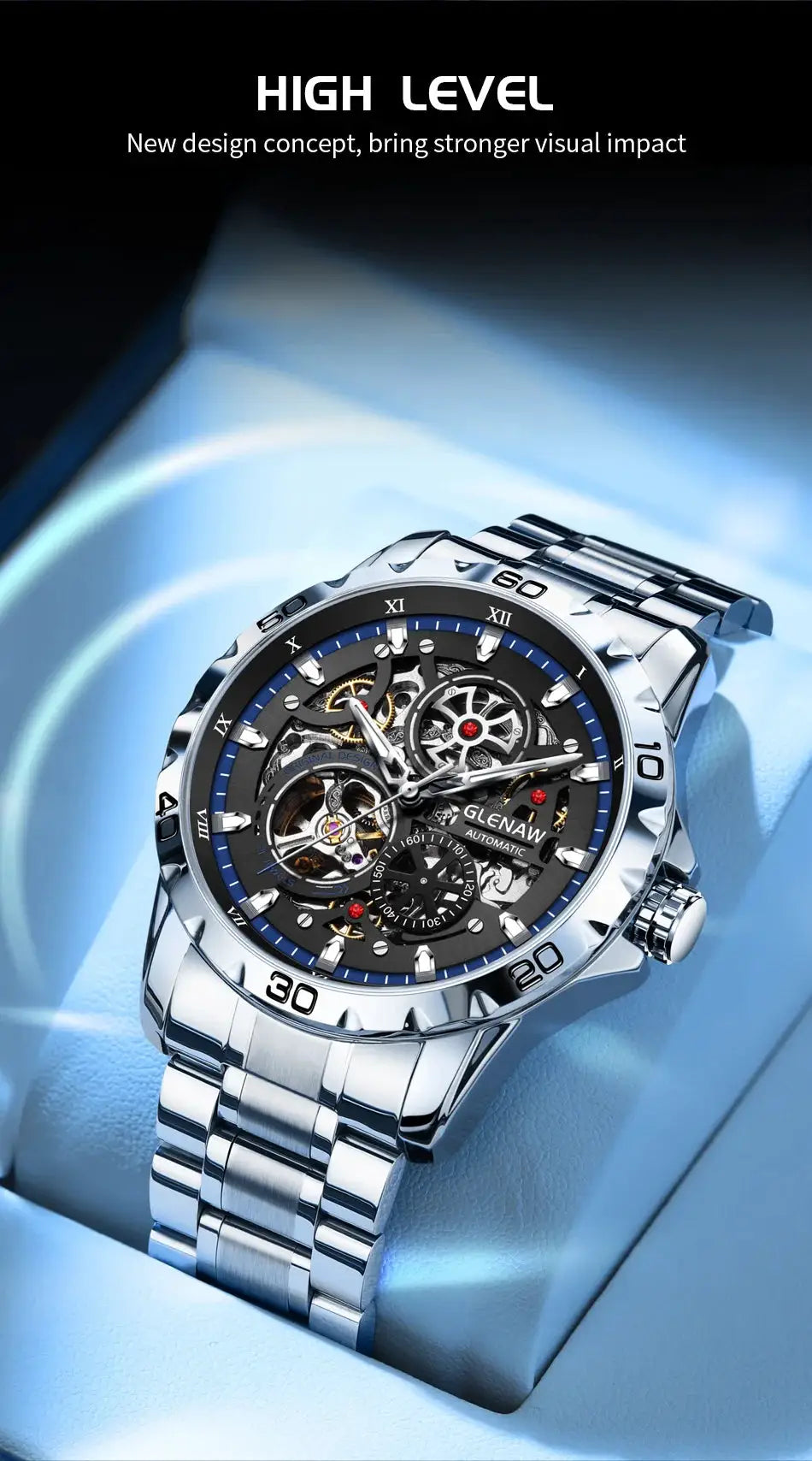 GLENAW steampunk skeleton men's watch with stainless steel bracelet, automatic movement, luminous, waterproof