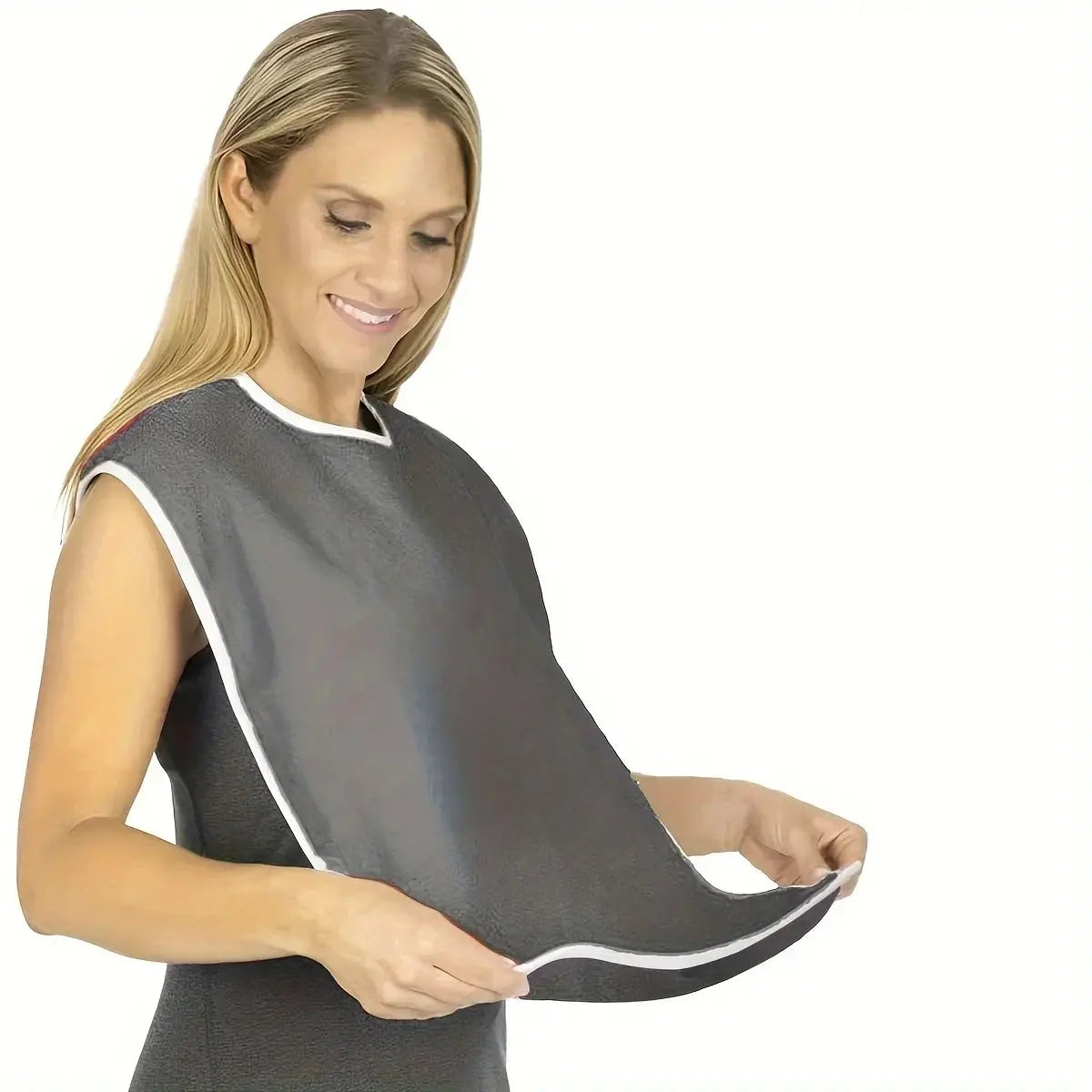Waterproof adult bib apron in gray with white trim, suitable for seniors and adults.