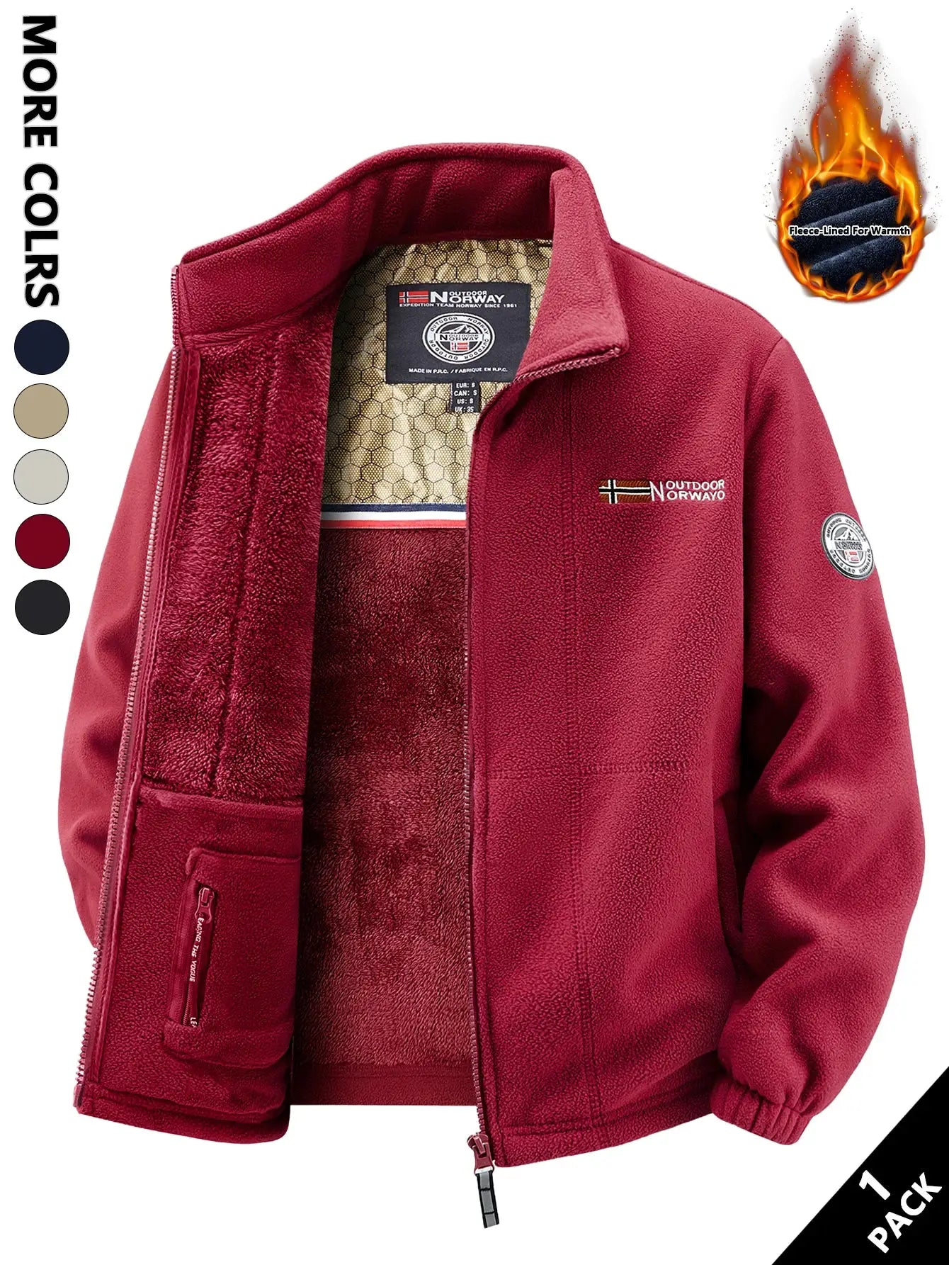 Men's red Simples Market fleece jacket with fleece lining and zip front.