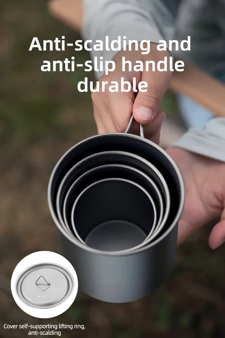 Tiartisan outdoor titanium camping cup set with folding handle; nested, portable metal mugs