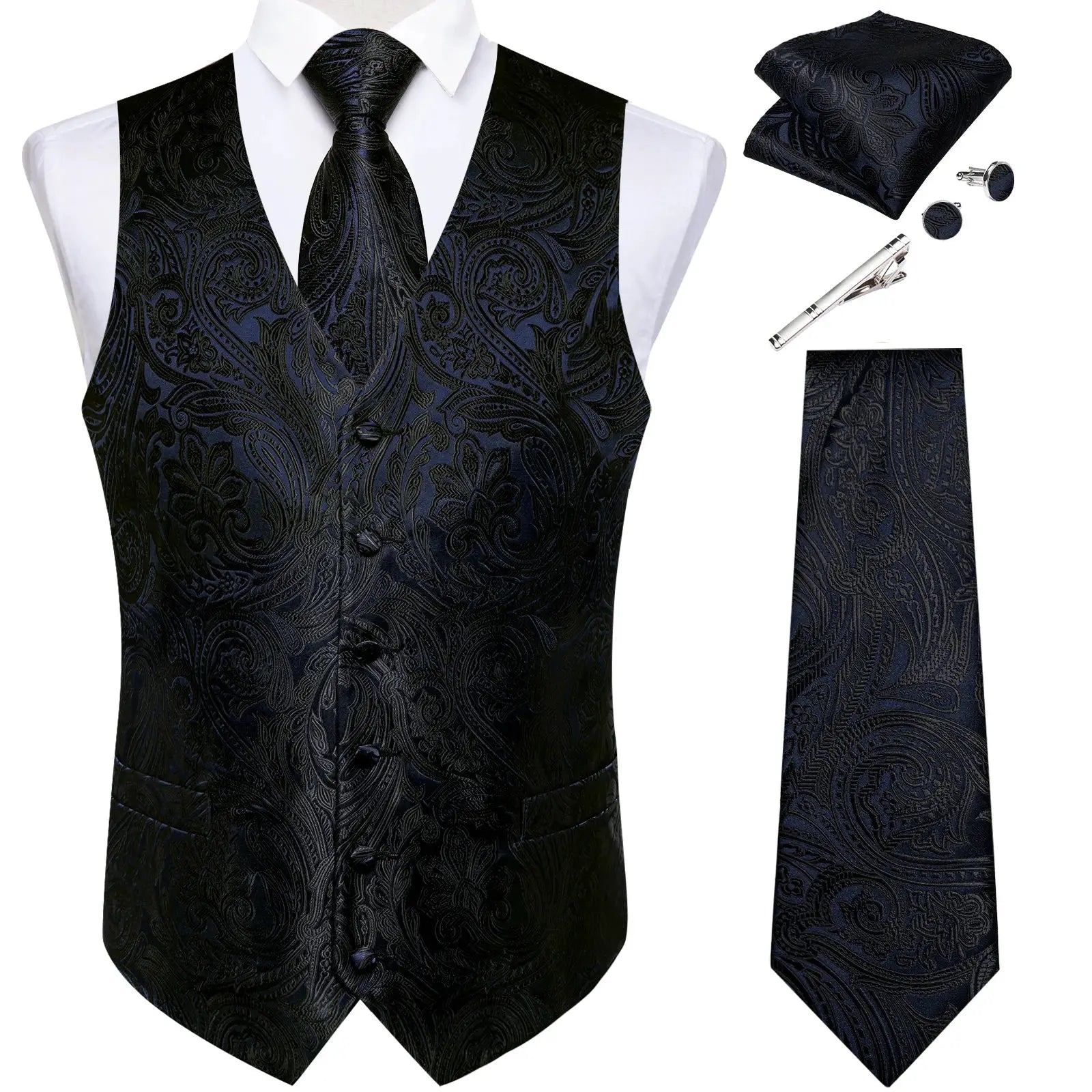 Black Jacquard Men Vest Paisley Single Breasted Wedding Groom