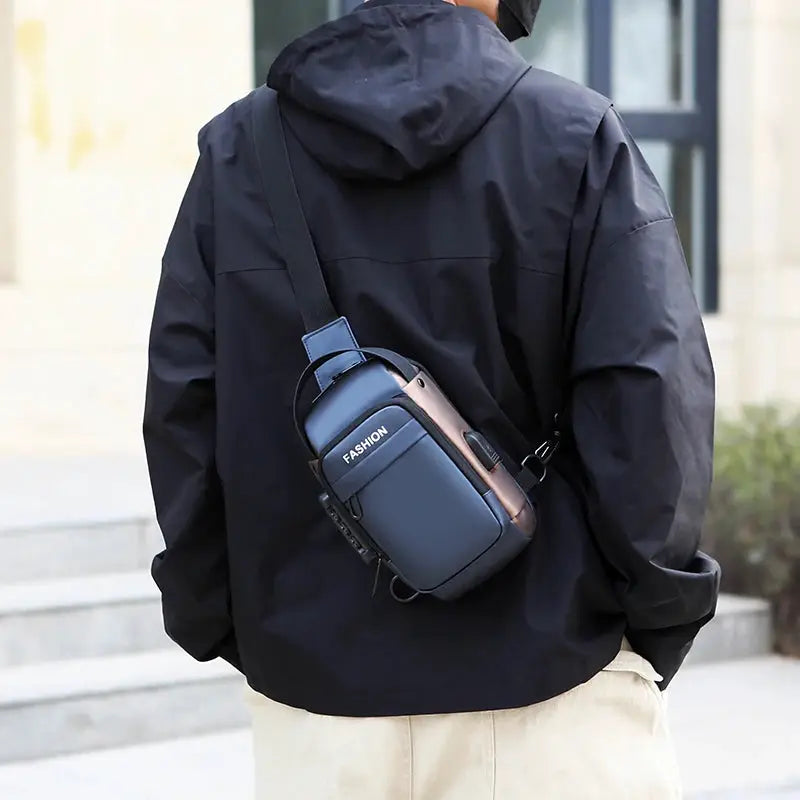 Men's anti-theft chest bag crossbody with USB charging, navy blue/gray with rose-gold panel