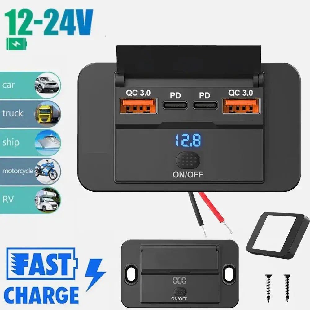 Car Charger Socket Adapter With Switch 2-4 Ports Charging Splitter For Bus RV ATV Truck Boat 12V 24V PD QC3