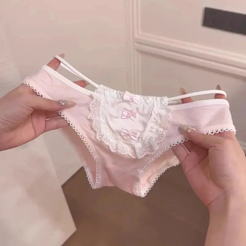 SP&CITY Lolita pink lace low-waist panties with bow accents; breathable cotton briefs