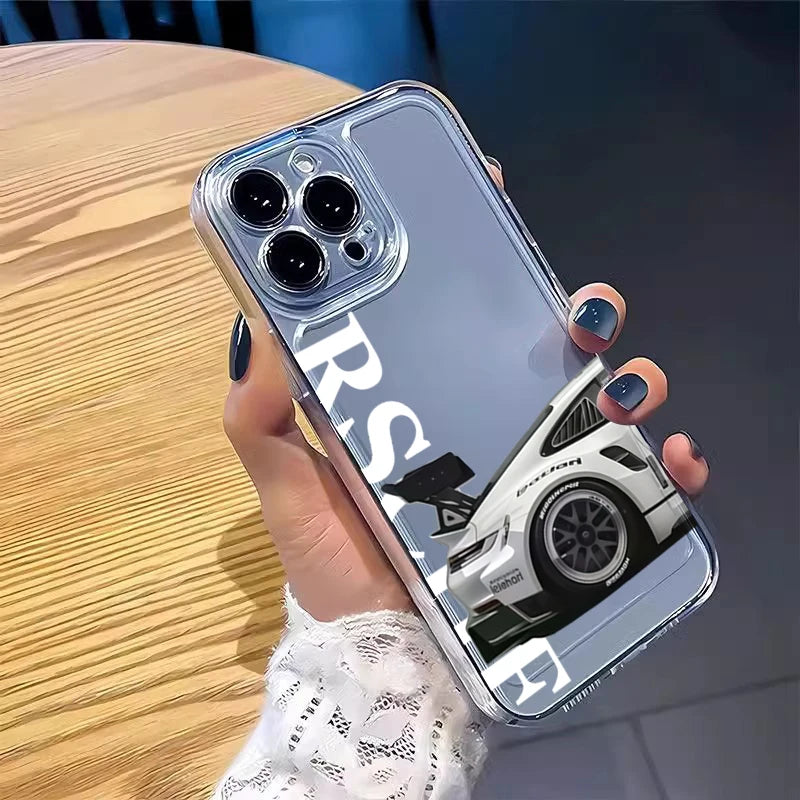 Transparent sports car phone case for iPhone models by Simples Market; clear back with racing car graphic