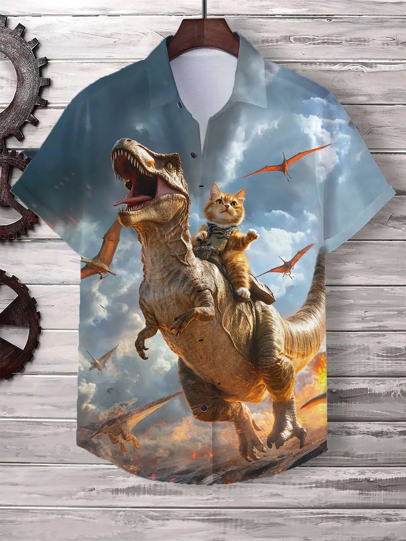 Men's cat-graphics blue Hawaiian shirt, oversized short-sleeve button-down by Simples Market with dinosaur rider print