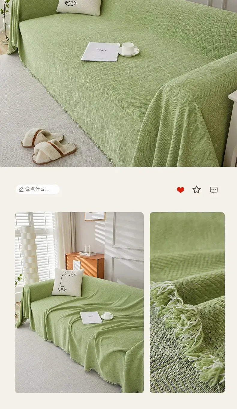 Couch cover by Simples Market in green chenille with fringe and herringbone texture