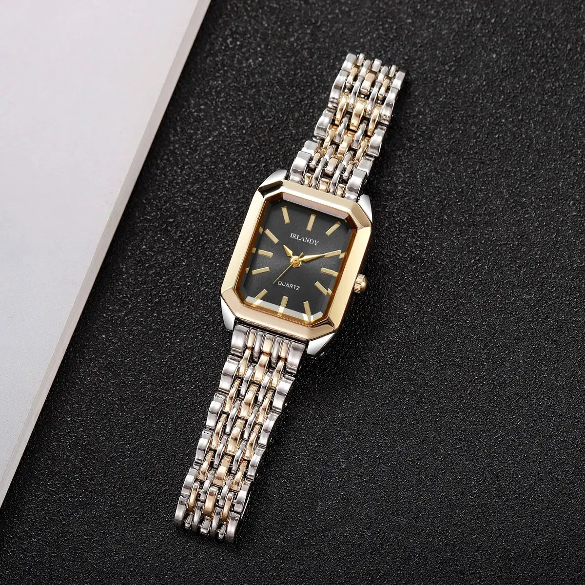 IRLANDY rectangular women's quartz watch with two-tone steel strap and gold bezel