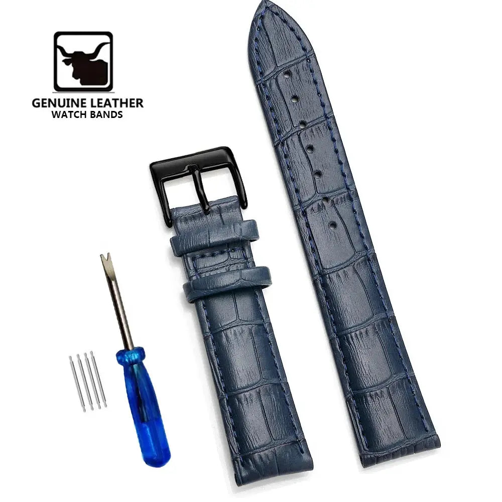 Two blue crocodile-embossed genuine leather watch bands with buckle, tool, and pins.