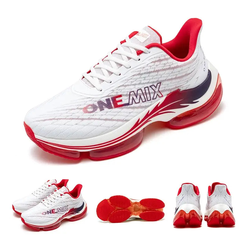 ONEMIX Air Cushion Running Shoes for Women by Simples Market, white mesh upper with red accents.