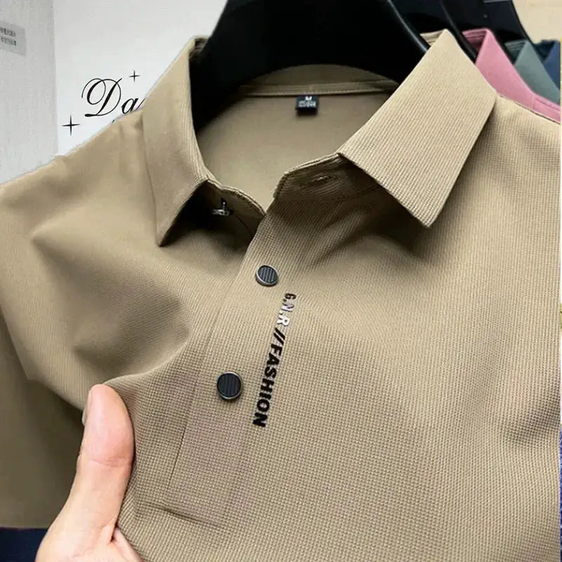 Men's beige ice silk short-sleeve polo shirt with collar, two-button placket and vertical fashion text on placket