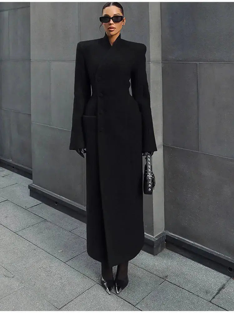 UrbanEdge Belted Long Coat With Slim V Neck And Shoulder Pads For Winter Comfort And Flattering Silhouette