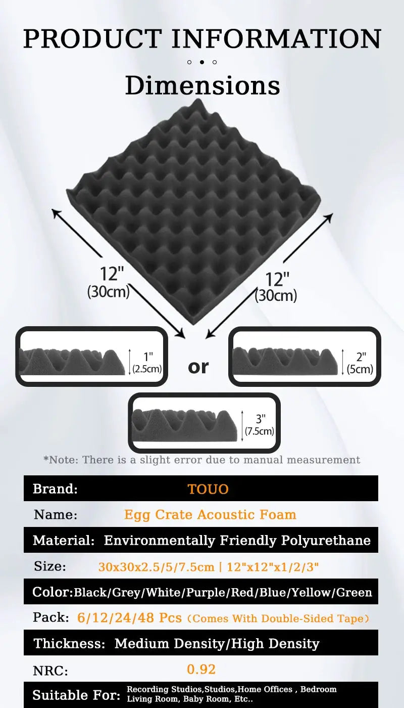 TOUO egg-crate acoustic foam panels, high-density polyurethane, 12x12in tiles, black/gray, packs of 6/12/24/48 with tape