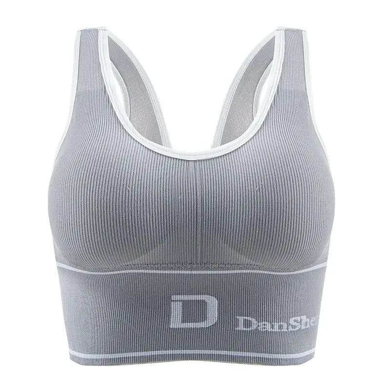 Women's gray seamless wireless sports bra by Danshe with white trim